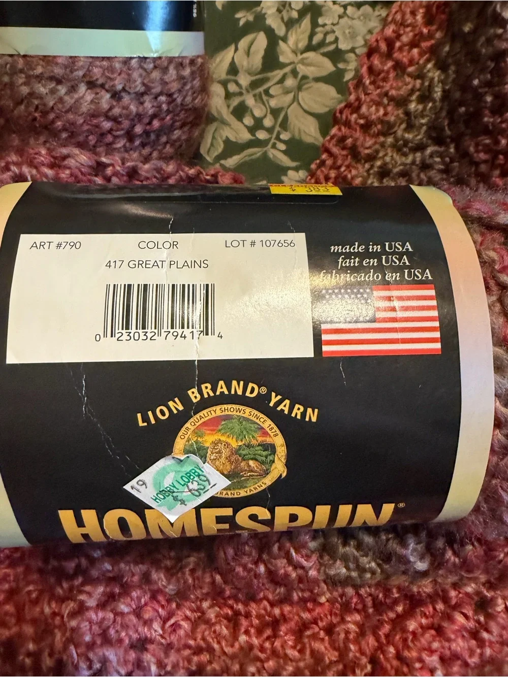 Homespun Variegated Pink Lavender Crochet Throw with Yarn bundle in Great Plains